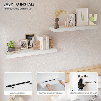 Floating Wood Shelves for Wall 24 Inches x 8”x 1.4” Shelf Floating Home Decor, Heavy Duty Shelf Hold 60 lbs, Wall Shelves for Bathroom Living Room Kitchen Bedroom Office - Set of 2 White