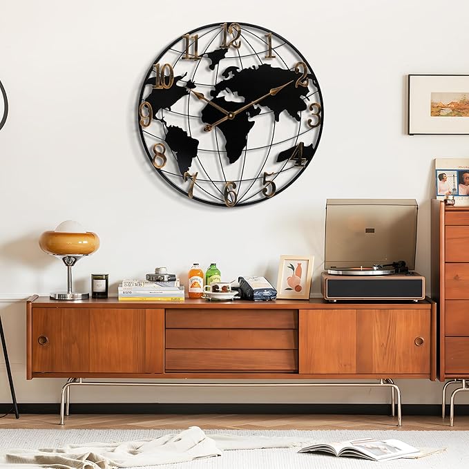Large Wall Clock - 20 Inch World Map Minimalist Modern Round Metal Wall Clock Silent Non-Ticking Battery Operated Wall Clocks for Living Room Kitchen Office Farmhouse Home Decor