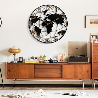 Large Wall Clock - 20 Inch World Map Minimalist Modern Round Metal Wall Clock Silent Non-Ticking Battery Operated Wall Clocks for Living Room Kitchen Office Farmhouse Home Decor
