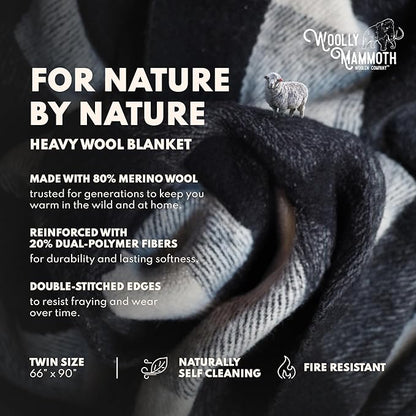 Woolly Mammoth Woolen Company Camping Wool Blanket - 66 in x 90 in Black & Cream Plaid - Heavyweight Merino Wool Outdoor Throw Blanket & Bedroll - Insulating Warm for Winter, Picnic & Travel