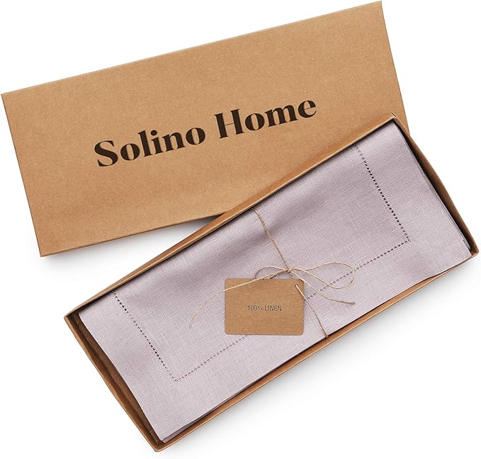 Solino Home Linen Lilac Table Runner 72 Inches Long - 100% Pure Linen Hemstitch Table Runner 14 x 72 Inch for Dresser, Dining - Classic Hemstitch