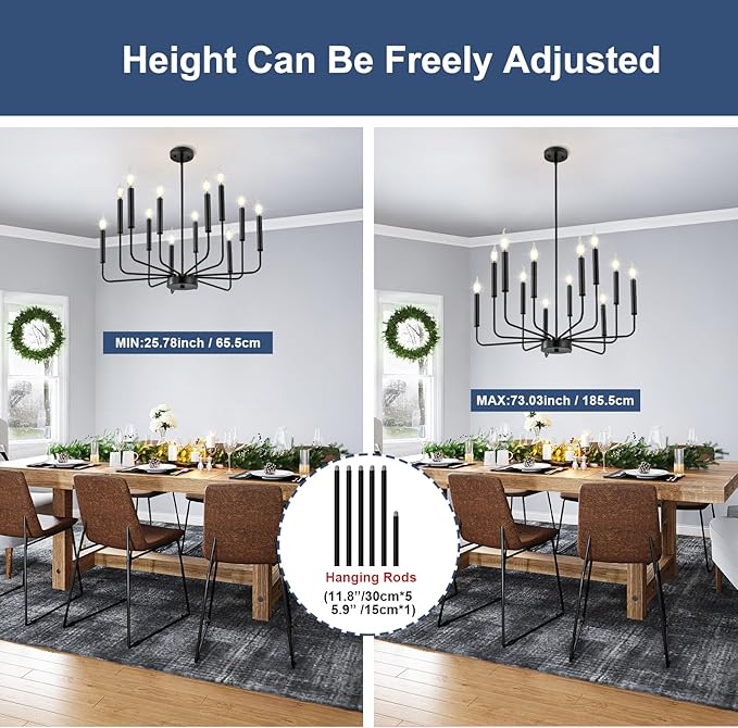 Modern Black Farmhouse Chandeliers, 12-Light Industrial Metal Chandelier Lighting, Classic Candle Hanging Pendant Light Fixtures for Living Room, Dining Room, Kitchen, Bedroom, Entryway