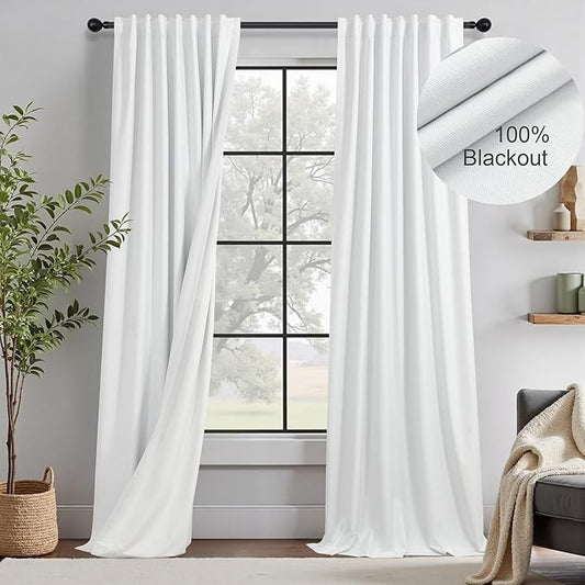 Luxury White Linen Curtains Blackout Country Rustic Farmhouse Style Drapes for Living Room Bedroom 2 Panel Burg Thick Linen Lightweight Curtains Light Blocking Thermal Dining Room 86 Inches Long