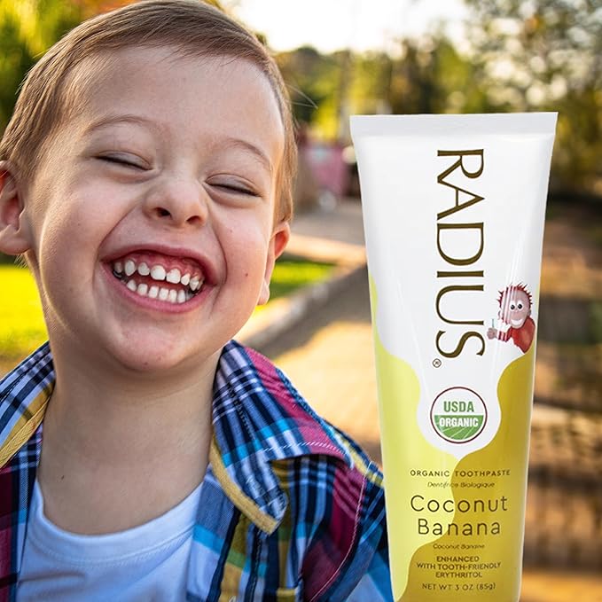 RADIUS USDA Organic Kids Toothpaste 3oz Non Toxic Chemical-Free Gluten-Free Designed to Improve Gum Health for Children's 6 Months and Up - Coconut Banana - Pack of 6