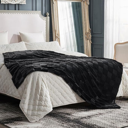 Cozy Bliss Checkered Large Faux Rabbit Fur Black Queen Bed Blanket, Soft Fuzzy Fluffy Minky Furry Plush Blankets for Couch, Bed, Adults (90 * 90 Inches Black)