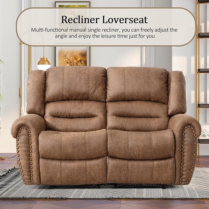 CANMOV Faux Leather Manual Recliner Sofa Set,Manual Reclining Sofa and Recliner Loveseat with Overstuffed Armrest for Living Room,Bedroom Furniture,Office,Nut Brown