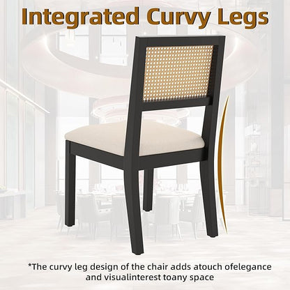 Westice Rattan Dining Chairs Set of 2, Farmhouse Natural Dining Room Chairs with Upholstered Cushion, Wood Armless Chairs for Kitchen/Restaurant, Black
