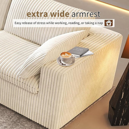 157.5" L Shaped Modern Sofa Modular Sectional Cloud Couch with Ottoman,Deep Seat Upholstered Couches with Corduroy Fabric for Living Room Furniture,Bedroom and Apartment,No Assembly Required,White