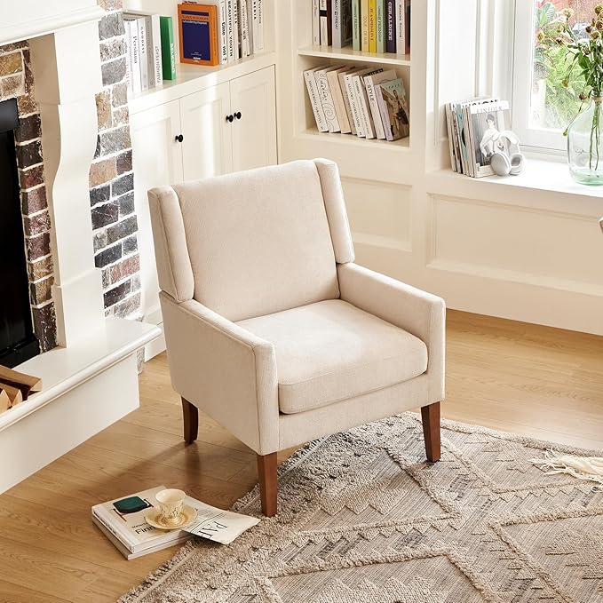 COLAMY Modern Wingback Living Room Chair, Upholstered Fabric Accent Armchair, Single Sofa Chair with Lounge Seat and Wood Legs for Office/Bedroom/Reading Spaces, Beige