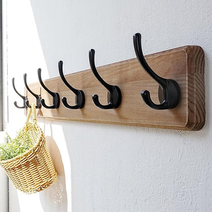 Dseap Wall Mounted Coat Rack: 24" Long, Patented, Heavy-Duty, 6-Double-Hooks Wooden Hanger Rail for Winter Coats, Hat, Jacket, Clothing - Weathered Brown, Pack of 2
