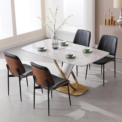 BV Dining Chairs Set of 4, PU Leather Armless Kitchen Chair in Modern Walnut Style, Mid Century Bentwood Side Chair with Metal Legs, Retro Accent Guest Chair for Kitchen Dining Room(Black)