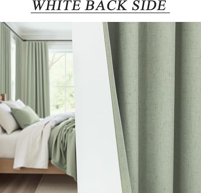 Light Sage Green Linen Textured Blackout Curtains 102 Inch Length 2 Panel Back Tab Sound Draft Cold Sun Blocking Winter Curtains Noise Reducing Retro Moody Drapes Living Room Divider Bedroom 102 Long