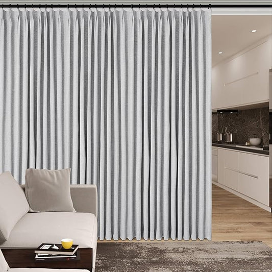 Silver Grey Pinch Pleat 100% Blackout Drapes Linen Blend, Room Divider, Room Darkening, Energy Saving, Furniture Protecting, Light Blocking Extra Wide Privacy Curtains, 200Wx108L, 1 PC