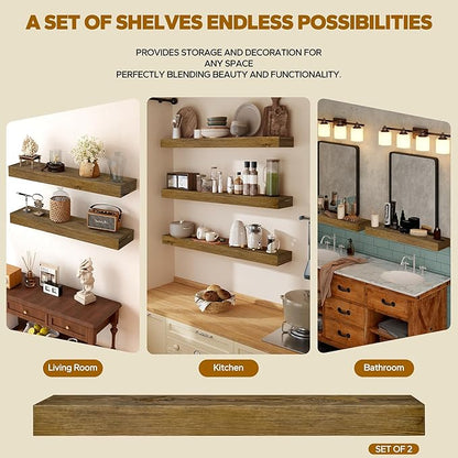 Floating Shelves 3 inch Thick for Wall Set of 2,Solid Pine Wood Wall Mount Shelf for Kitchen Living Room Bedroom Bathroom,8" D x 60" L x 3" H-Black Walnut
