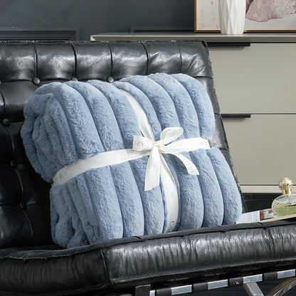 Cozy Bliss Faux Fur Throw Blanket for Couch, Cozy Warm Plush Striped Blanket for Sofa Bedroom Living Room,60 * 80 Inches Light Blue