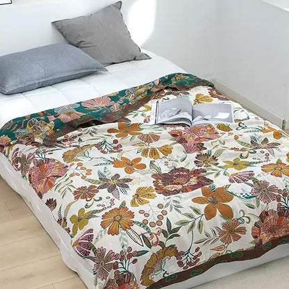 Boho Throw Blanket for Couch Sofa Bed, 100% Cotton Woven Quilt with Tassel 60”x80”, Super Soft Muslin Blanket with Floral Printed, Decorative Reversible Bed Blanket/Cover for All Seasons