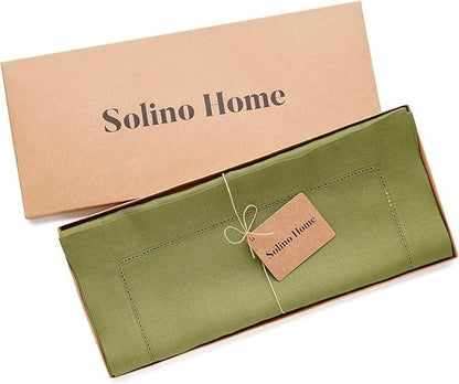 Solino Home Linen Hemstitch Table Runner 36 Inches - 100% Pure Linen Avocado Green Table Runner 14 x 36 Inch Ideal for Dresser and Coffee Tables - Fall, Autumn, Thanksgiving - Classic Hemstitch
