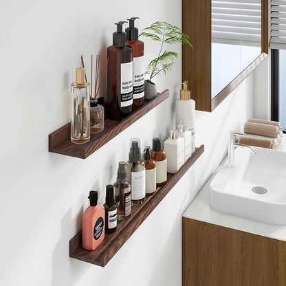 Floating Picture Ledge Shelves 55 Inch Solid Oak Wood Set of 2, Rustic Wall Storage Shelves with Lip, Kids Bookshelf, Photo & Picture Ledge Shelves for Bedroom, Living Room, Kitchen