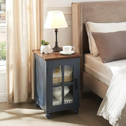 Narrow Side Table,Farmhouse Nightstand with Charging Station,Wood End Table with Glass Barn Door Storage, Cabinet Organizer with Adjustable Shelf, Night Stand for Small Spaces for Living Room Bedroom