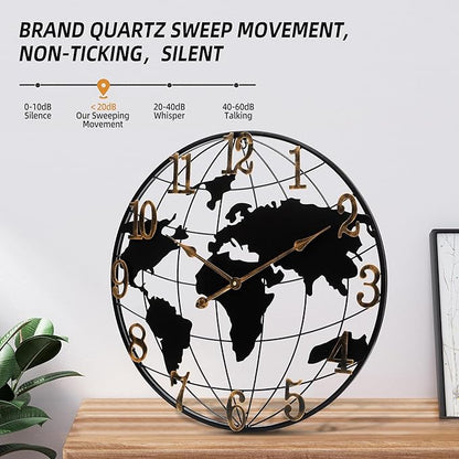 Large Round Metal World Map Clock - 16 Inch Minimalist Modern Silent Non-Ticking Battery Operated Wall Clock for Living Room, Kitchen, Office, Farmhouse Home Decor