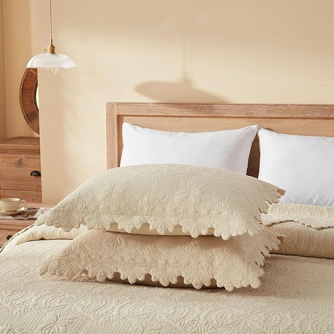 MarCielo 3-Piece 100% Cotton Oversized Bedspread Lightweight Quilt Coverlet Embroidery Farmhouse Bedding Set(TL Beige,Oversized King (118"x106"))