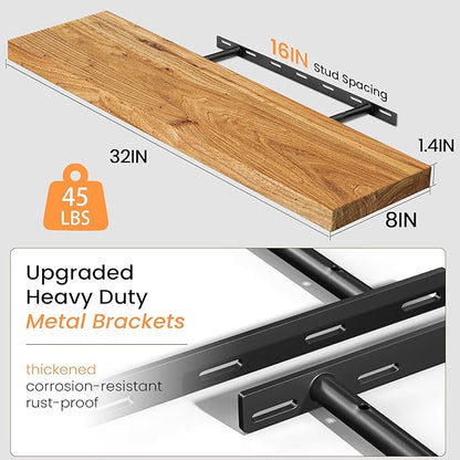 Fun Memories Solid Elm Wood Floating Shelves, 36 Inch Floating Shelves for Wall, Wall-Mounted Wooden Shelves with Invisible Heavy-Duty Brackets for Books, Bathroom, Kitchen, Natural, 2 Pack