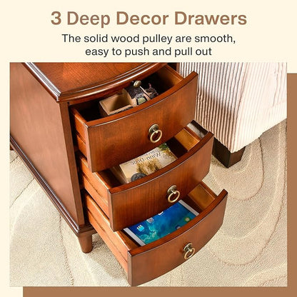 PADMA HOUSE Solid Wood End Table with 3 Drawers, Fully Assembled Nightstand with Sliding Shelf, Pre-Assembled Vintage Wooden Beside Table in Cherry Brown for Small Space,13.4 * 22.4 * 22.6in