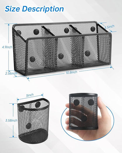 VICNOVA Magnetic Pencil Holder - Metal Pen Holder with Strong Magnets - Storage Basket Organizer for Whiteboard, Refrigerator, Locker Accessories