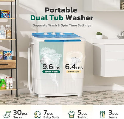 Greenvelly Portable Washing Machine, 16 Lbs Compact Mini Washer and Dryer Combo, Semi-automatic Twin Tub Washer with Drain Pump for Dorms, Apartments, RVs (Blue)