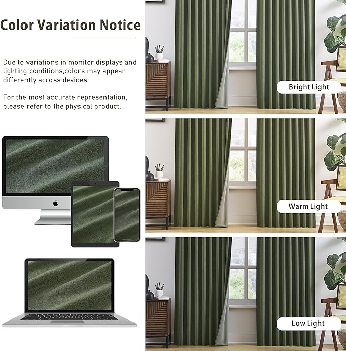 RAIN CITY 2 PCs Olive Green Linen Blackout Curtains 84 Inch Long for Living Room,Pinch Pleated Drape with Hooks Back Tab Boho Decor, Olive Forest Loden Full Black Out Curtains for Bedroom
