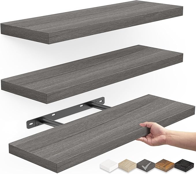 BAYKA Floating Shelves for Wall, Wall Mounted Rustic Wood Shelves for Bathroom, Bedroom, Living Room, Kitchen,Small Hanging Shelf for Books/Storage/Room Decor (Grey, Set of 3, 15.7in)