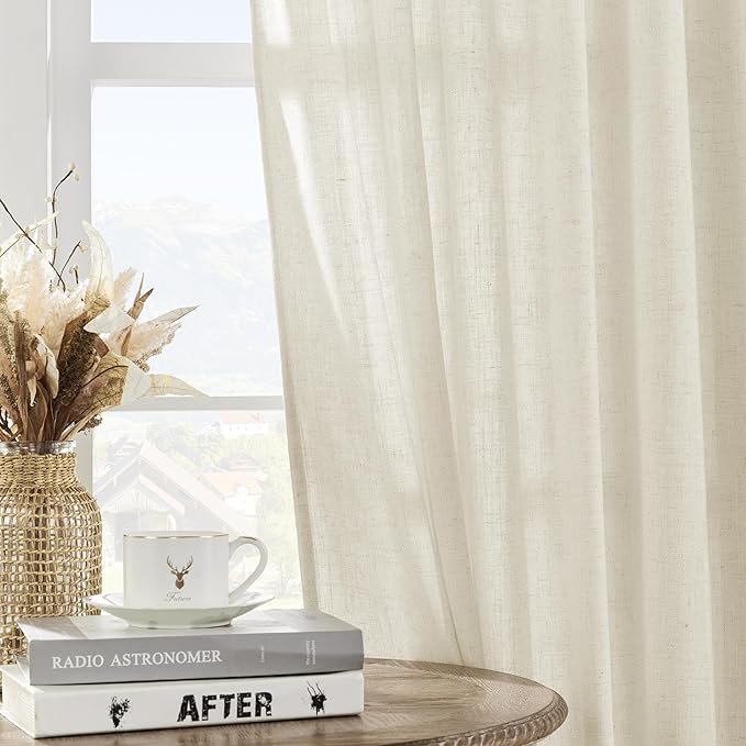 Joydeco Linen Curtains 2 Panel Set, Light Filtering, Ivory Linen Curtains 90 Inch Cream Drapes with Rod Pocket Back Tab (90" L x 37" W)