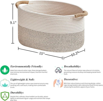 Storage Baskets for Organizing | 15"x10.2"x9.1" - 1 Pack Nursery Bin with Handles - Woven Cotton Rope Baskets for Dog Toys, Books, Shelf, Bathroom,Closet -Stylish Storage | White & Beige