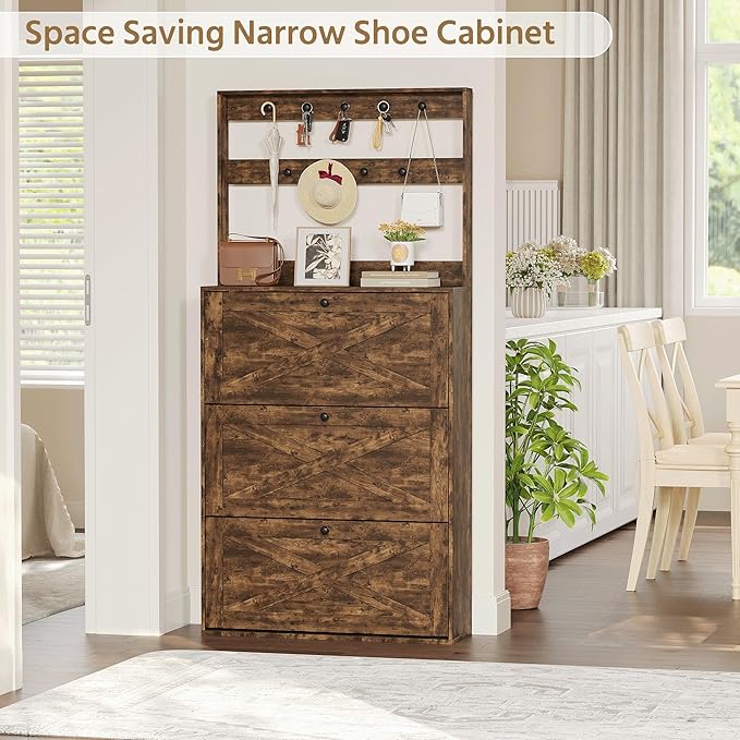 Shoe Cabinet Set 2 with 3 Flip Drawers, Narrow Shoe Cabinet with 9 Hooks Coat Rack, Freestanding Shoes Storage Cabinets with Adjustable Shelves for Entryway, Hallway, Living Room, Rustic Brown