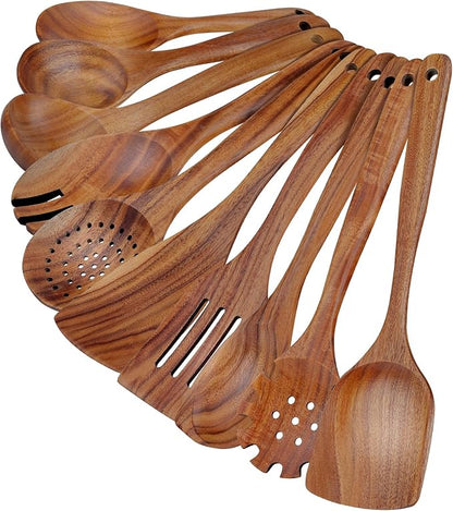 comfoyar Teak Wooden Spoons for Cooking, 10 Pieces Kitchen Cooking Utenails Set with Spatula and Ladle, Heat Resistant Kitchen Cookware for Nonstick Pan