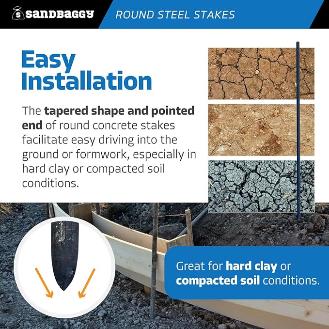 Sandbaggy Round Steel Concrete Form Stakes with Nail Holes - Rust Resistant Coating - Removable, Reusable (10, 3/4 in X 60 in)