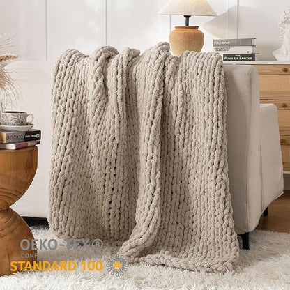 Chunky Knit Blanket Throw, 100% Hand Knit Throw Blanket Handmade Chenille Cable Knit Throw for Couch, Stylish Cozy Soft Rope Knot Crochet Blanket for Home Decor, Beige Linen, 40x50 Inches