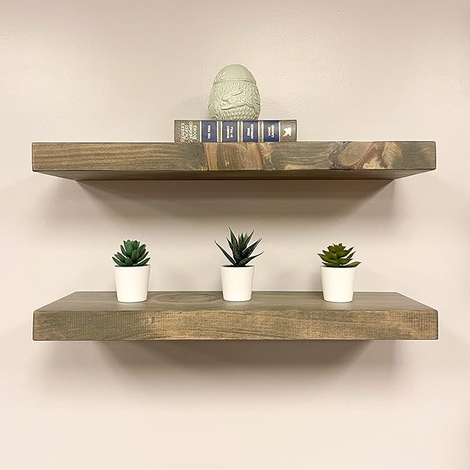 URBANDI, Rustic Floating Shelves, Set of 2, Hidden Bracket, Solid Wood, Heavy Duty, Wall Mounted Shelves, (Grey, 24Wx8D)