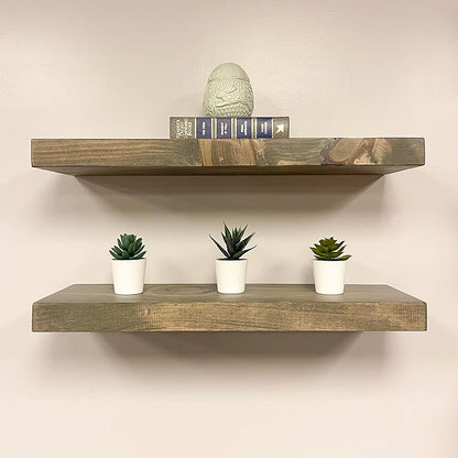 URBANDI, Rustic Floating Shelves, Set of 2, Hidden Bracket, Solid Wood, Heavy Duty, Wall Mounted Shelves, (Grey, 12Wx10D)