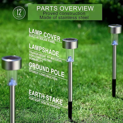 Solar Lights Outdoor Waterproof, Stainless Steel LED Landscape Lighting, Solar Garden Lights Solar Powered, Outdoor Solar Lights for Yard, Pathway, Walkway, Patio , Lawn - 12 Pack ( Cold White )
