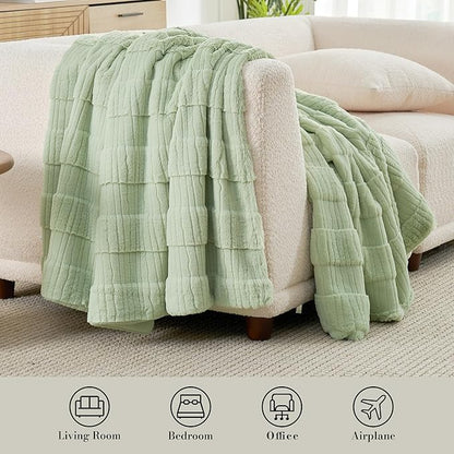 Amélie Home Luxury Striped Faux Fur Throw Blanket for Couch, Embossed Split Fur Cozy Fuzzy Fluffy Luxurious Soft Plush Sofa Chair Bed Gift Blankets for Women Men Wife Friend, 55"x70", Sage Green