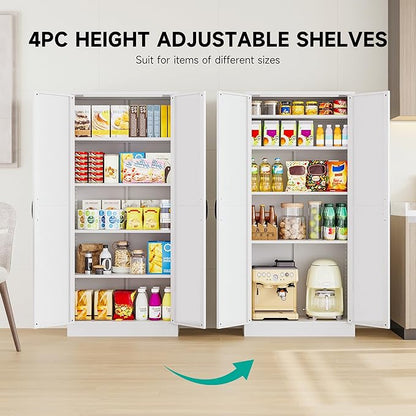 SISESOL Metal Storage Cabinet with 2 Doors and 5 Shelves,61 inch White Pantry Storage Cabinet,Large Farmhouse Pantry Cupboard for Home,Kitchen,Dining/Living Room