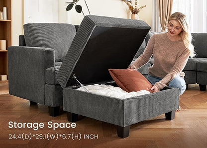 Nolany Corduroy Sectional Couch with Storage Ottoman, Sleeper Sectional Sofa, Modular Sectional Couches for Living Room, Dark Grey