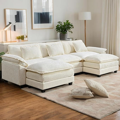 URRED Modular Sectional Sofa Comfy Cloud Couch, Modern Chenille Sofa Sleeper Deep Seat Couches with Ottoman/Pillows for Living Room (White, 117'' - U Shape)