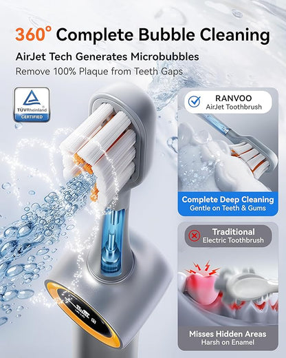 RANVOO [Vibrating & Flossing 2-in-1 AirJet Bubble Sonic Electric Toothbrush, 100% Plaque Removal, Whiter for Adult Protect Gum Orthodontic Teeth Clean Rechargeable Gift with 2 Soft Brush Heads White