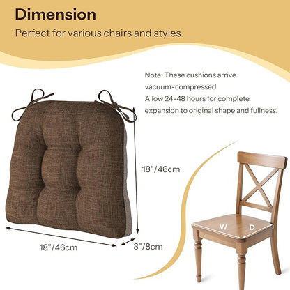 Non Slip Chair Cushions for Dining Chairs Set of 4 Kitchen Chair Cushions 18"x18"x3" Turfted Chair Pads Comfortable and Soft Seat Cushion with Ties, Coffee