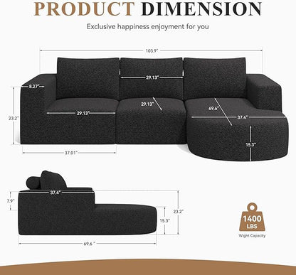 Modular Sectional Sofa with L-Shape Chaise,Cloud Sectional Modern Sleeper Couch with Deep Seat,Sponge Compression Sofas No Assembly Required(Black-Sherpa Fabric) 1PCS