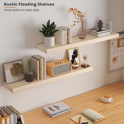 Light Wood Floating Shelves 36”x 8”x 1.4” Book Shelf Floating for Wall Mounted, Heavy Duty Shelf Hold 80 lbs, Unfinished Rustic Wall Shelves for Bedroom, Living Room, Kitchen, Office, Laundry Room