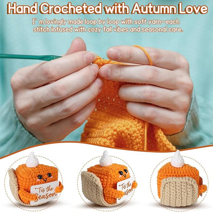 Tis The Season Fall Decor | Mini Crochet Pumpkin Pie Plush | Small Handmade Autumn Halloween Thanksgiving Items for Home Office Indoor Table Decoration Christmas Stocking Stuffer Ornament