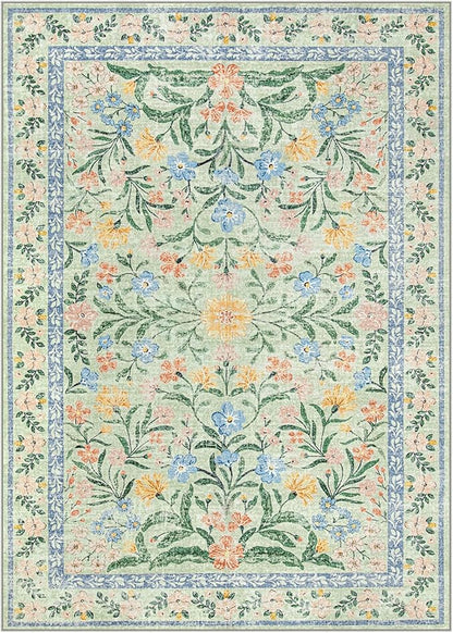 Wonnitar 10x14 Machine Washable Area Rugs, Green Floral Large Rugs for Living Room, Ultra-Thin Foldable Boho Flower Print Bedroom Carpet for Dorm Apartment Office